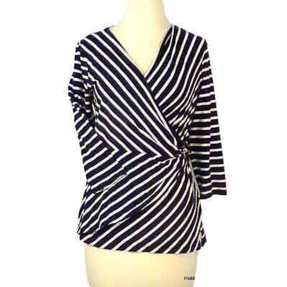 Jones New York Signature Knit Top Navy White Striped Crossover Medium Nautical